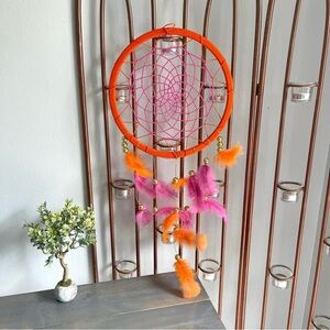 Large Hanging Dreamcatcher Orange and Pink with Gold Bead and Feather Accents